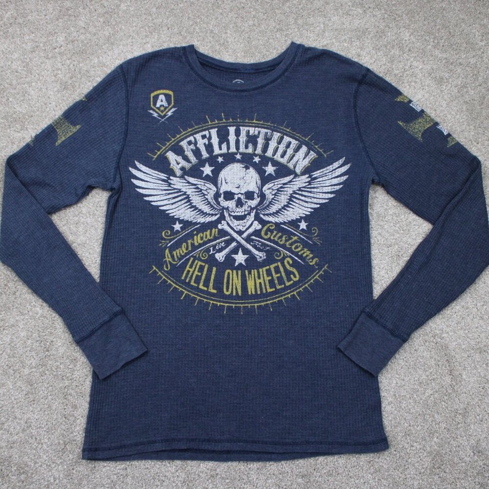 American Fighter Shirt‎ Adult Large Blue Affliction Waffle Knit L/S Pullover